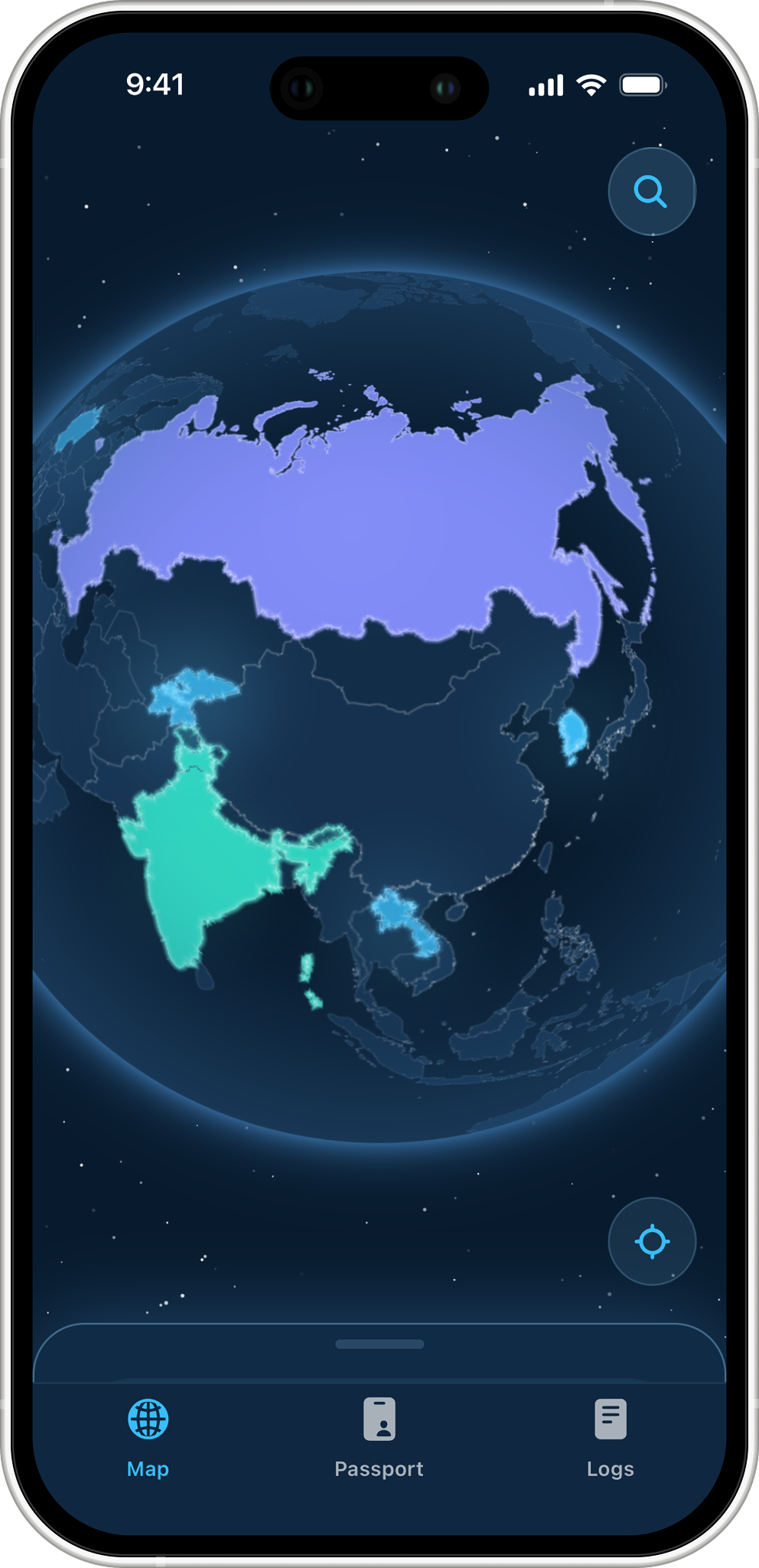 MapSketch app showing visited countries glowing on Earth
